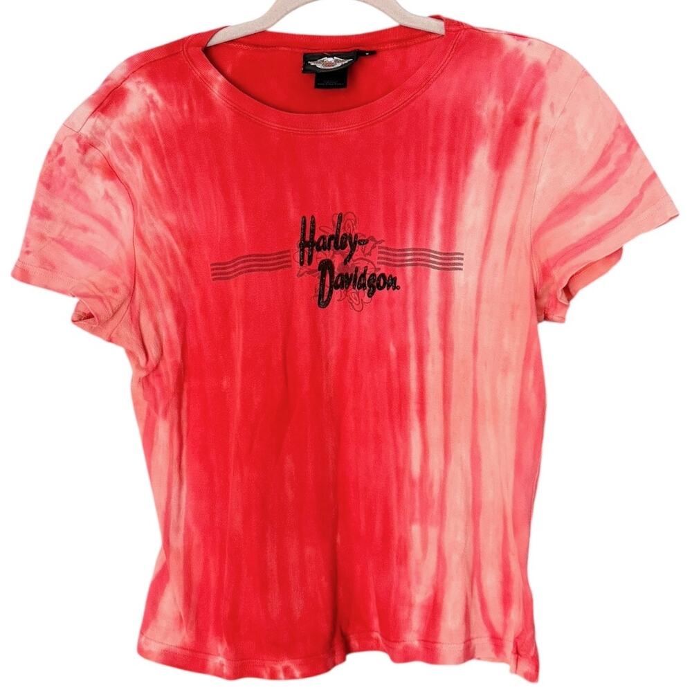 Harley-Davidson Y2K Red Tye-Dye T-Shirt Women’s L Felt Logo Short Sleeve Cropped